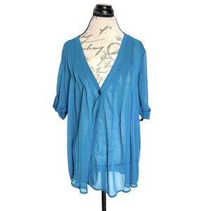 Olsenboye Blouse Size XL Womens Button down Sheer Pleated Turquoise Short Sleeve